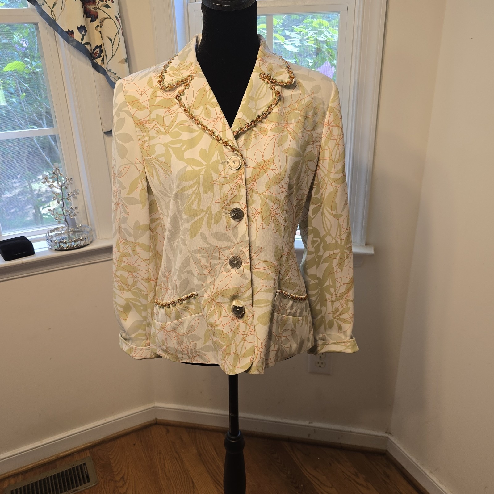 Harve Benard Floral Blazer Gold Trim Button Front Jacket Size 8